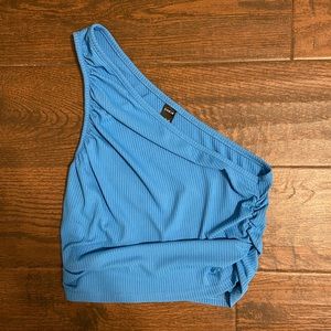blue one shoulder scrunch top